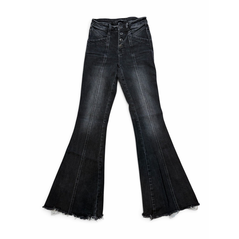 Kancan Signature High Rise Flare Jeans Size 24 Dark Wash Distressed Hem